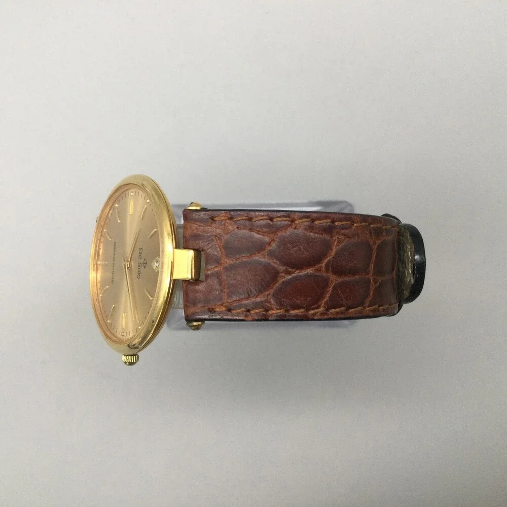 De Solo Watch Women 32mm Diamond 18K Gold Plated Brown Leather Strap New Battery - Picture 4 of 15